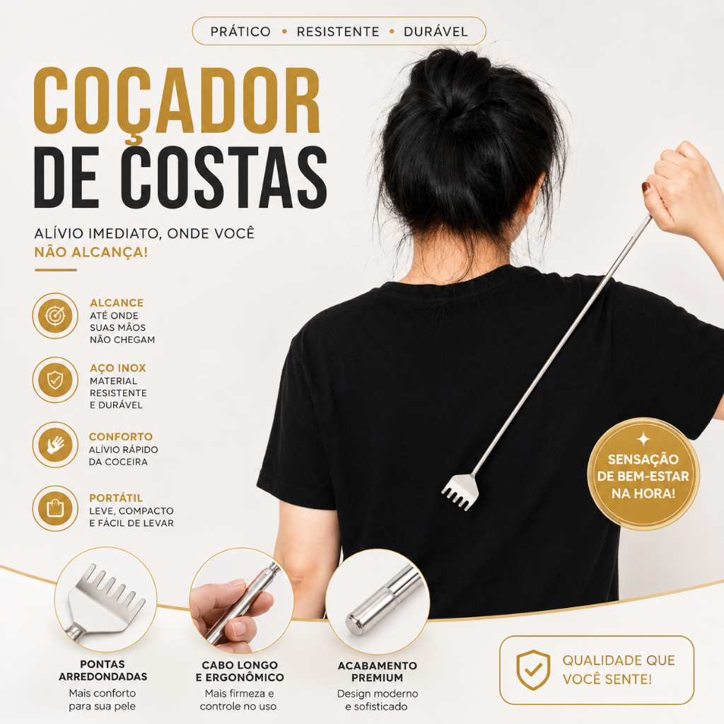 Coçador Regulável de Aço Inox Para Coçar As Costas Mãozinha Coçadora