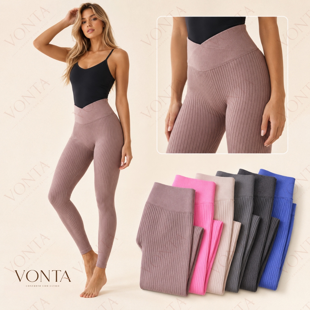 Calça Legging Feminina Canelada Cintura Alta Cós Cruzado Modeladora Para Academia Yoga Treino Casual VONTA
