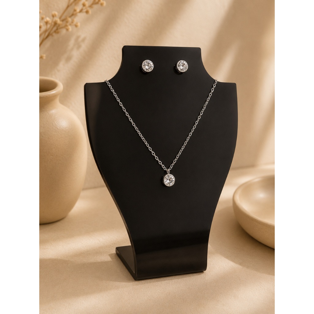 Conjunto Feminino Colar e Brinco com Zircônia em Aço Inoxidável 316L Prata Antialérgico