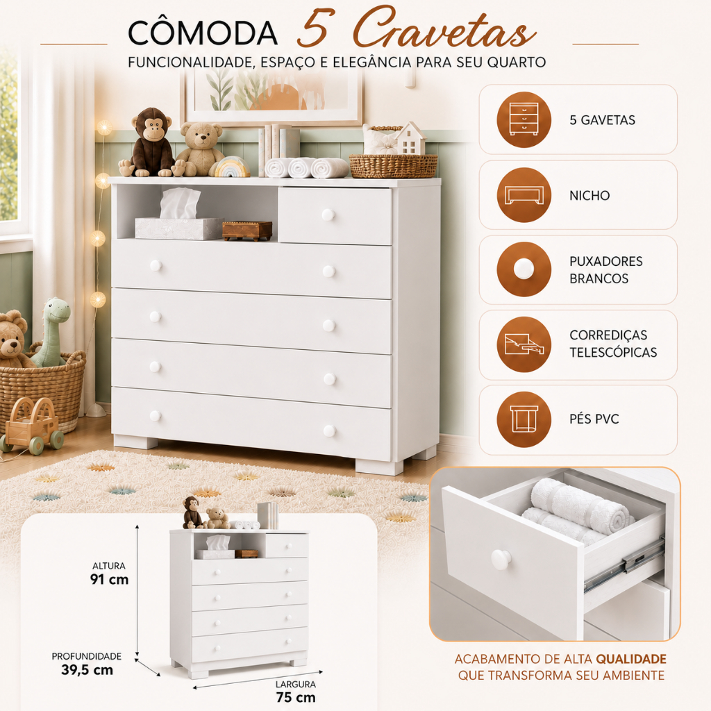 Cômoda 5 Gavetas Amora com Nicho Multiuso Organizador Para Quarto Infantil Criança Bebê e Moderna