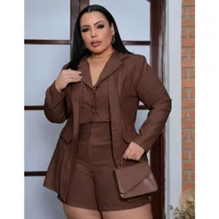 Conjunto Plus Size Blazer Duplo E Short Feminino Premium