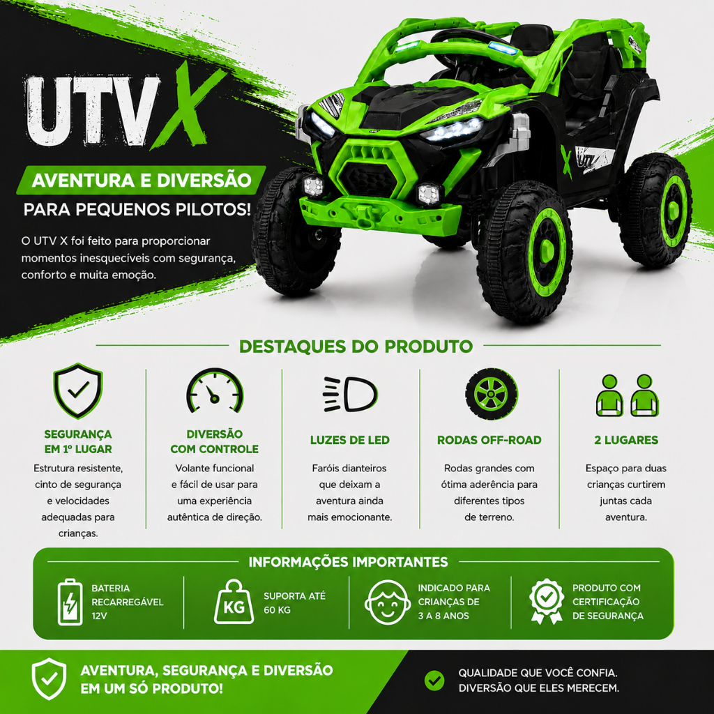Quadriciclo Jeep Elétrico Carro Adventure Infantil UTV C/ Controle Remoto 2 Lugares Luzes LED e Som — imagem 2 de 2