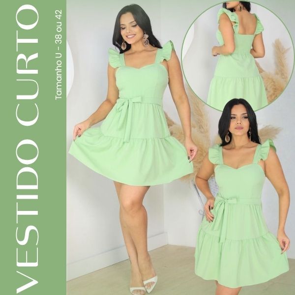 Vestido Curto de Alça com Babado e Bojo Crepinho com Elastex nas Costas | Laço Frontal, 38 ao 42