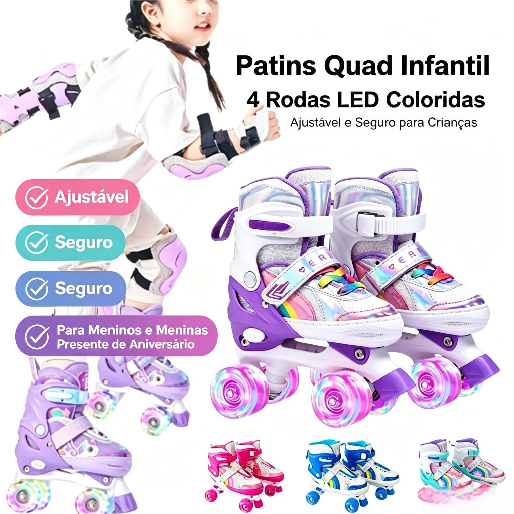 Patins Infantil Quad 4 Rodas LED Ajustável Velcro, Presente Menino Menino Iniciante