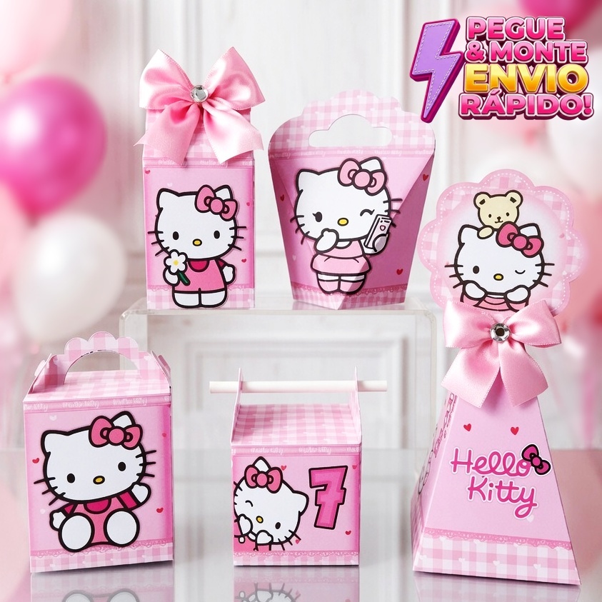 Kit Caixas Hello Kitty Rosa PEGU E MONTE  Personalizadas - Lembrancinha Festa Infantil - Aniversário - Kit Festa