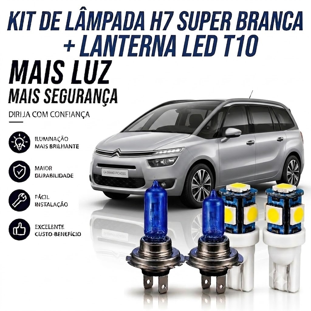 Lâmpada farol BAIXO SUPER BRANCA + par LED LANTERNA C4 GRAND PICASSO 2006 ATÉ 2014