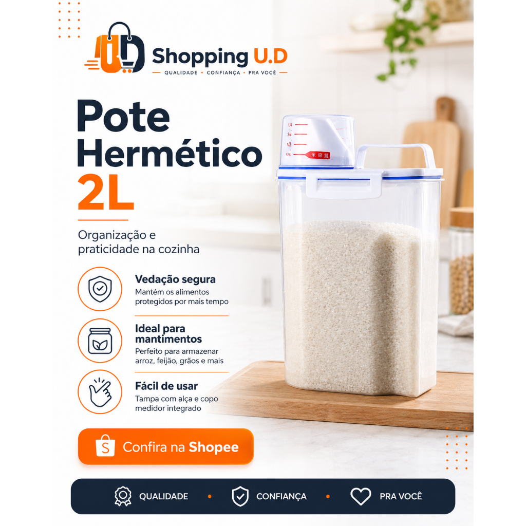 Pote Hermético Organizador 2L com Tampa Transparente para Mantimentos Cozinha Armário e Geladeira