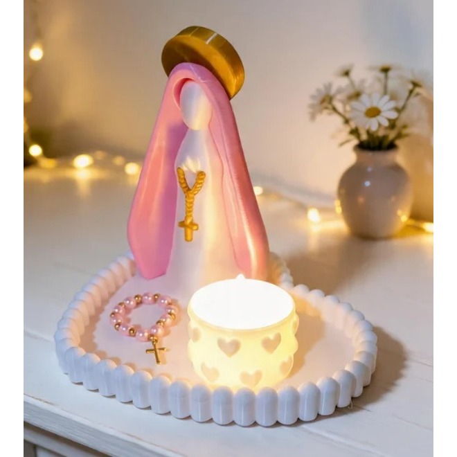 Kit Nossa Senhora Aparecida Decorativo | Imagem + Bandeja + Porta Vela + Vela de Led + Mini Terço | Decoração Religiosa