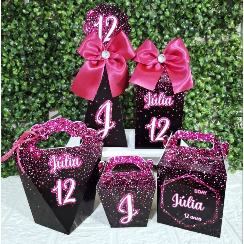 Kit Caixinhas 15 anos, Preto/Pink. Lembrancinha Personalizada de Aniversário (FAZEMOS TODAS IDADES)