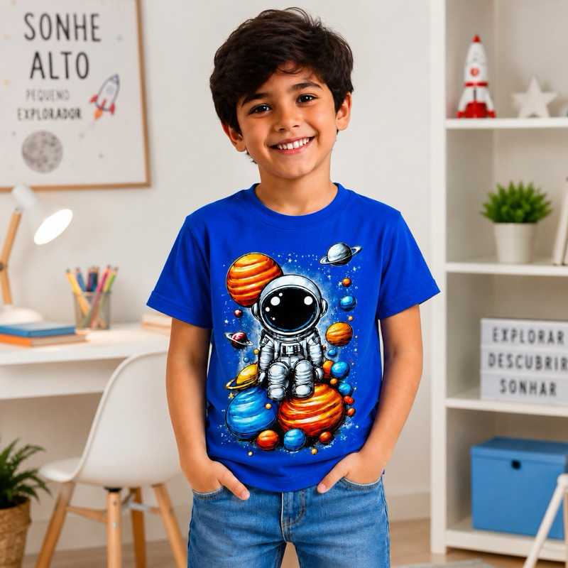 Camiseta Infantil Astronauta para Menino e Menina 100% Algodão – Estampa Premium Espaço, Confortável do 2 ao 14