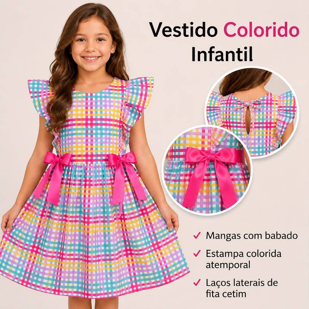 Vestido Infantil Menina Xadrez Colorido Luxo Para Festas  Disponível Em 2 Cores