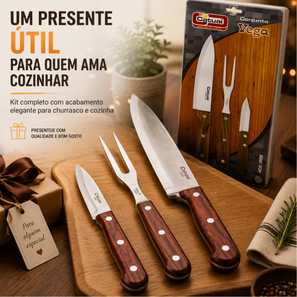 Kit Facas Churrasco Catuaí Vega 3 Peças Aço Inox Cabo Madeira Garfo Trinchante — imagem 2 de 2
