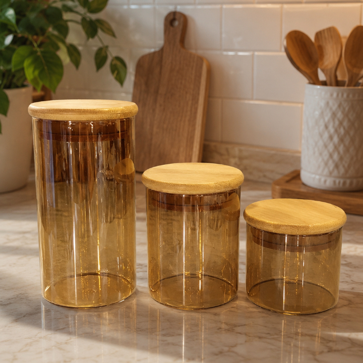 Potes de Vidro Ambar Kit c/ 3 Tampa De Bambu Porta Mantimentos Cozinha Louça Tempero Luxo Decorativo