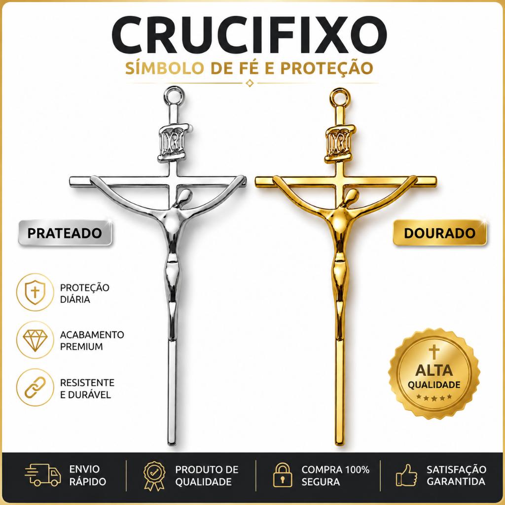 Crucifixo Parede Metal Rosto Silhueta Liso 25cm Prata ou Dourado
