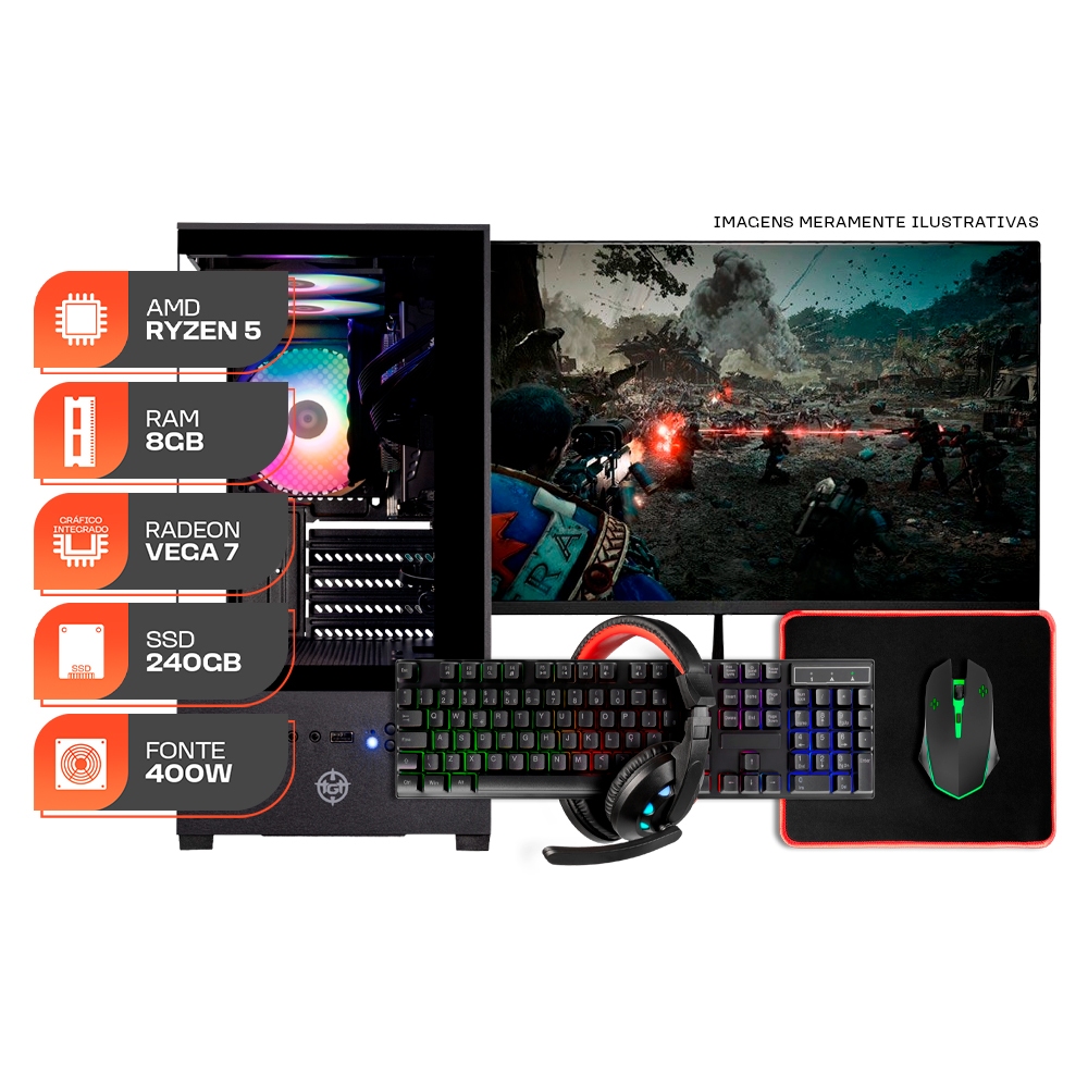 PC Gamer Forge, AMD RYZEN 5 5600GT, 8GB DDR4, SSD 240GB, Completo com Monitor 21