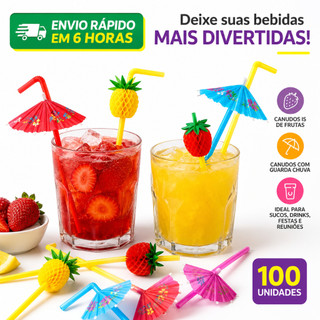 KIT 20/40/60/80/100 Canudo para Drink Guarda-Chuva Frutas Decorativo Descartável Festa Coquetel