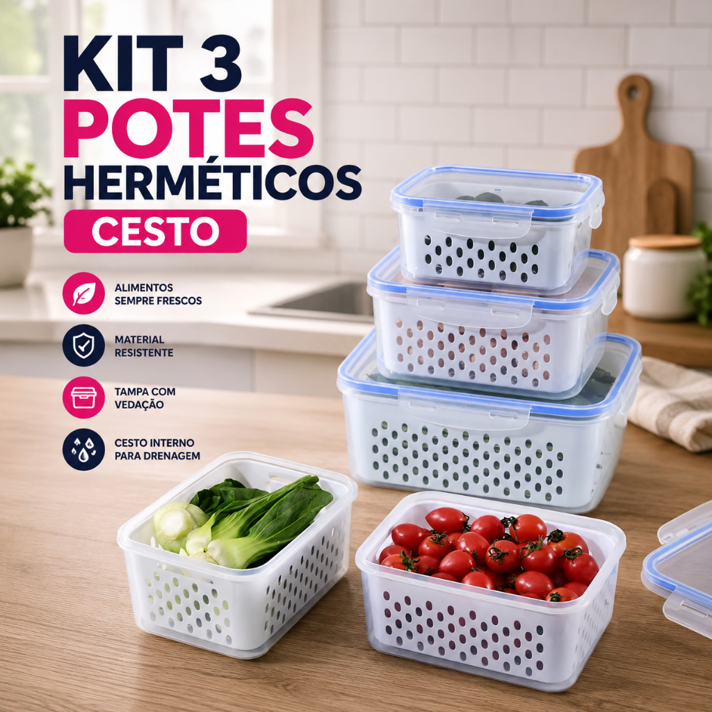Kit 3 Potes Herméticos Organizador Geladeira Escorredor Com Cesto Tampa com Trava Alimentos Fruta