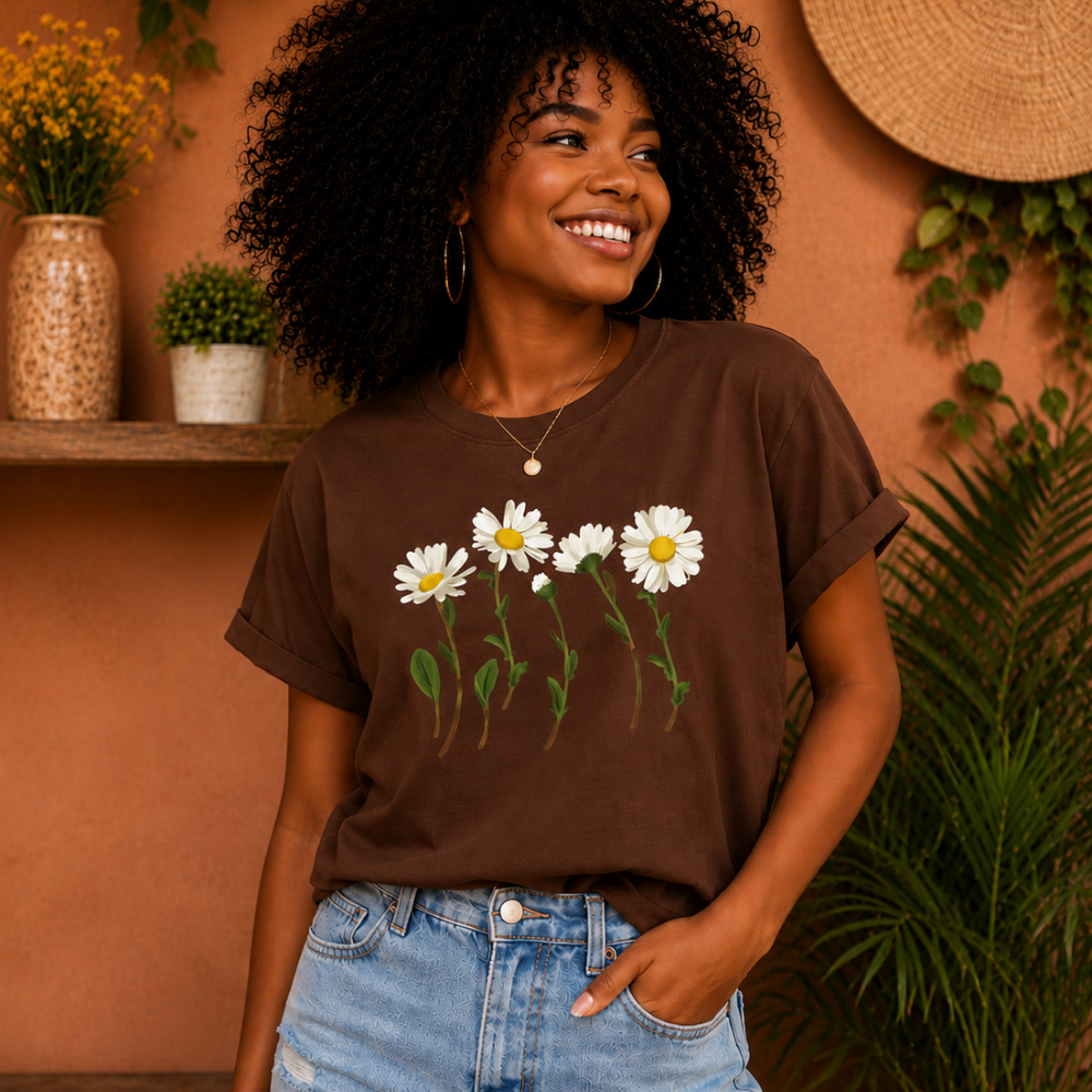 Camiseta Feminina Estampada Floral Margaridas Gola Redonda Manga Curta Algodão Premium