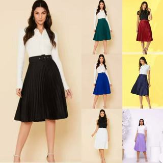 Saia Midi Plissada Com Cinto Lisa Com Forro Moda Evangelica -056