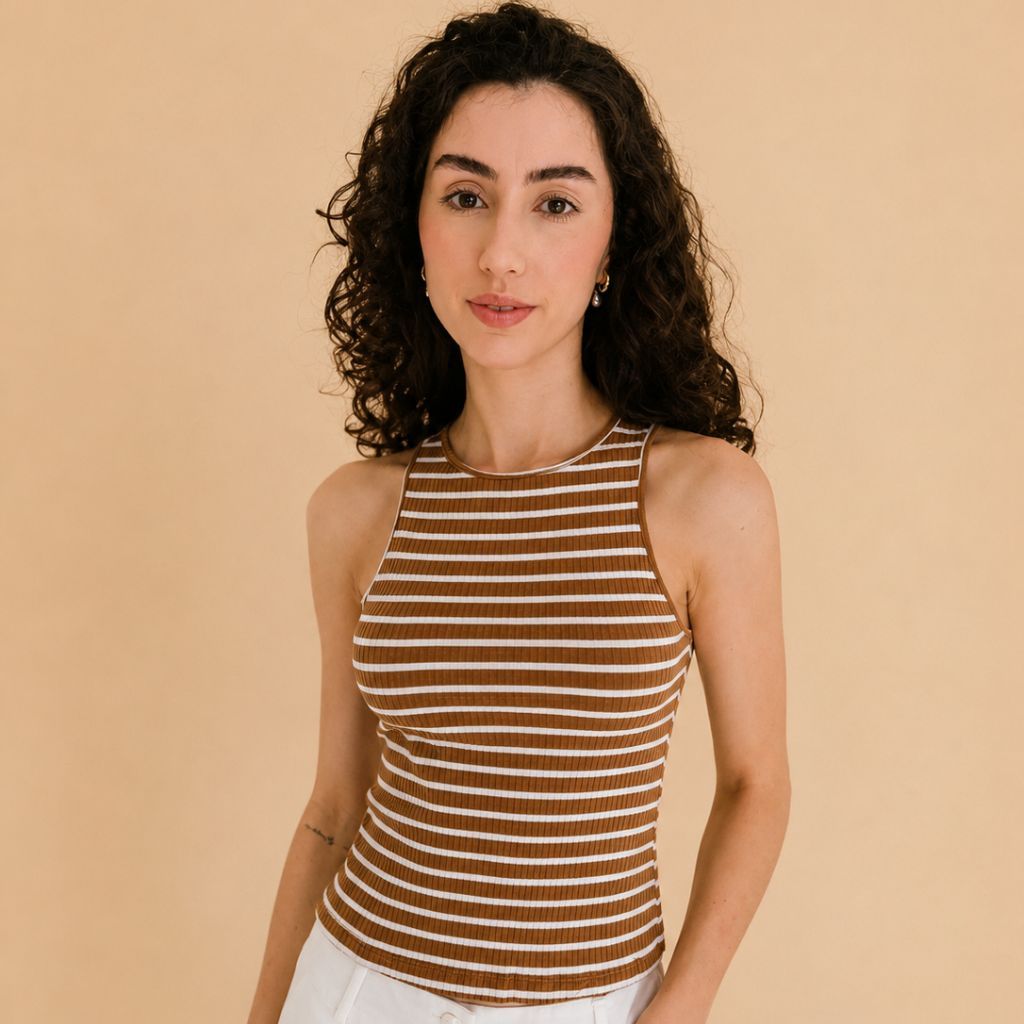 Regata Feminina Canelada Listrada Premium ANAVIT Tendência Verão Blusinha Básica Elegante Algodão Confortável