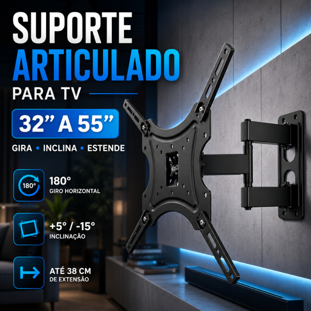 Suporte Tv Articulado 32 a 55 Polegadas Parede LCD LED Universal Monitor Vesa Reforçado Smart QLED