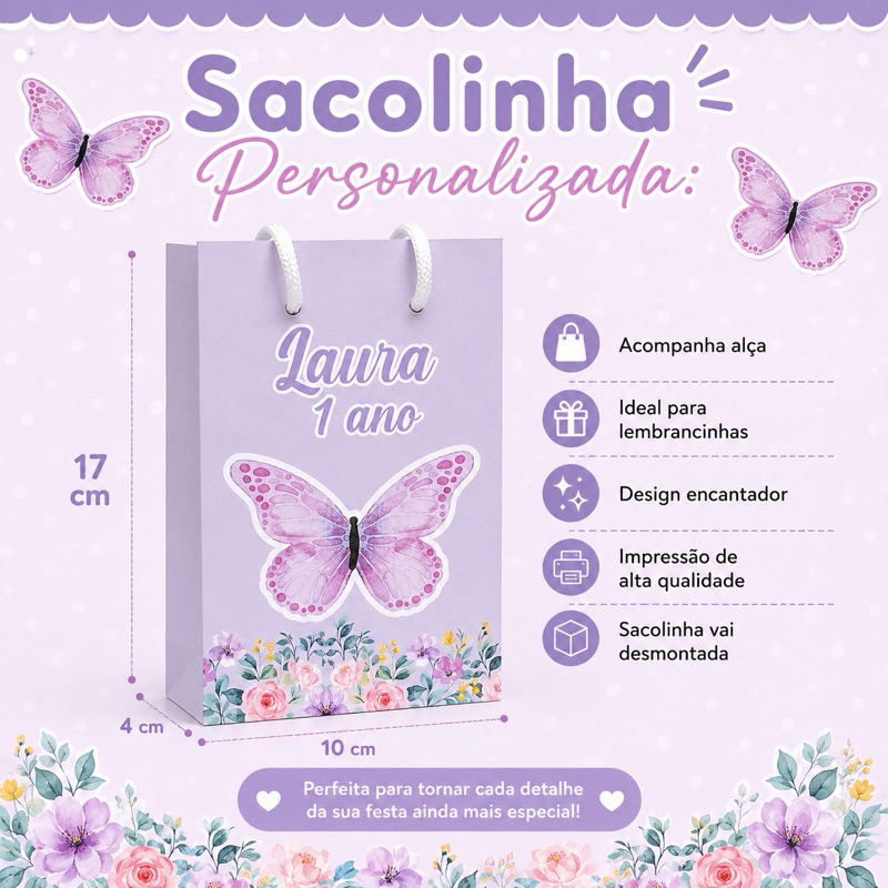 10 Sacolinhas Personalizadas Festa Jardim das Borboletas Lilás