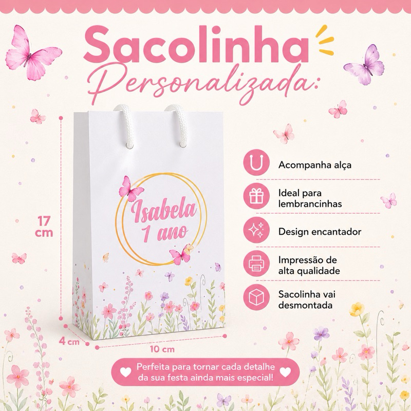 10 SACOLINHAS JARDIM ENCANTADO DAS BORBOLETAS Personalizadas PEGUE E MONTE - Sacolinha Surpresa Personalizada