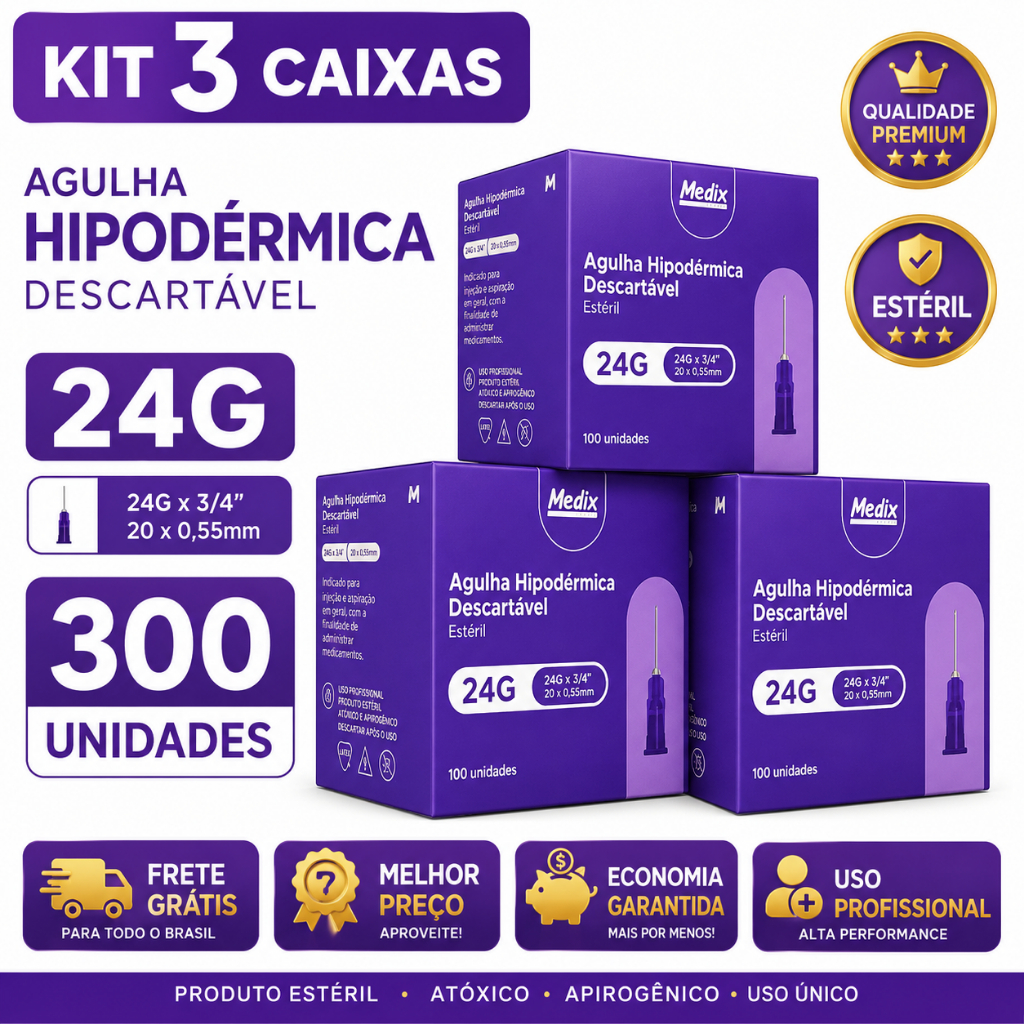 Agulha Hipodérmica 20x0,55mm Descartável Intramuscula Superficial Esteril - 3 Caixas 300unds
