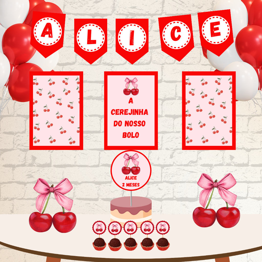 ENVIO RÁPIDO Kit festa Cerejinha - Cereja | Personalizado Bolinho Aniversário  Lembrancinha