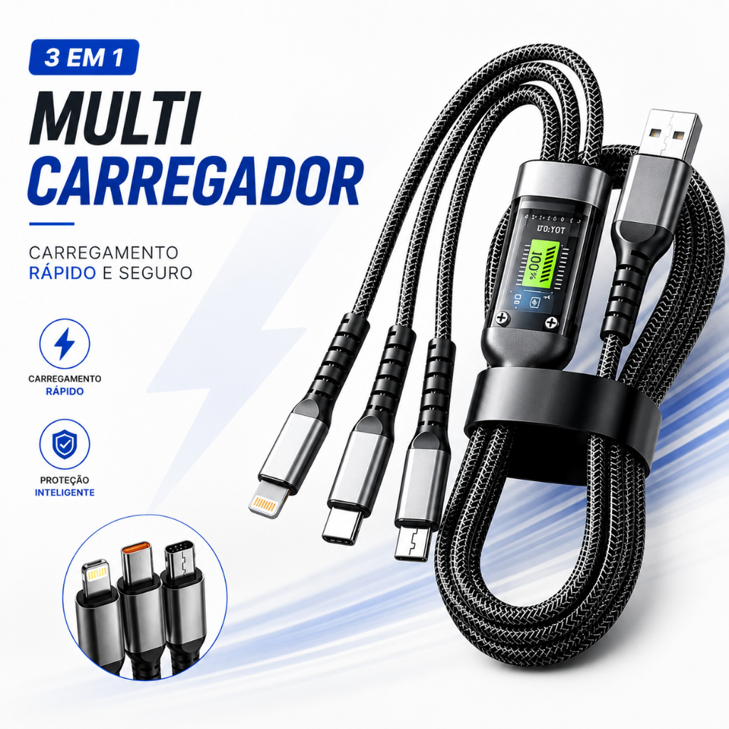 Cabo Carregador 3 em 1 Rápido 100W Turbo iPhone Android Tipo C