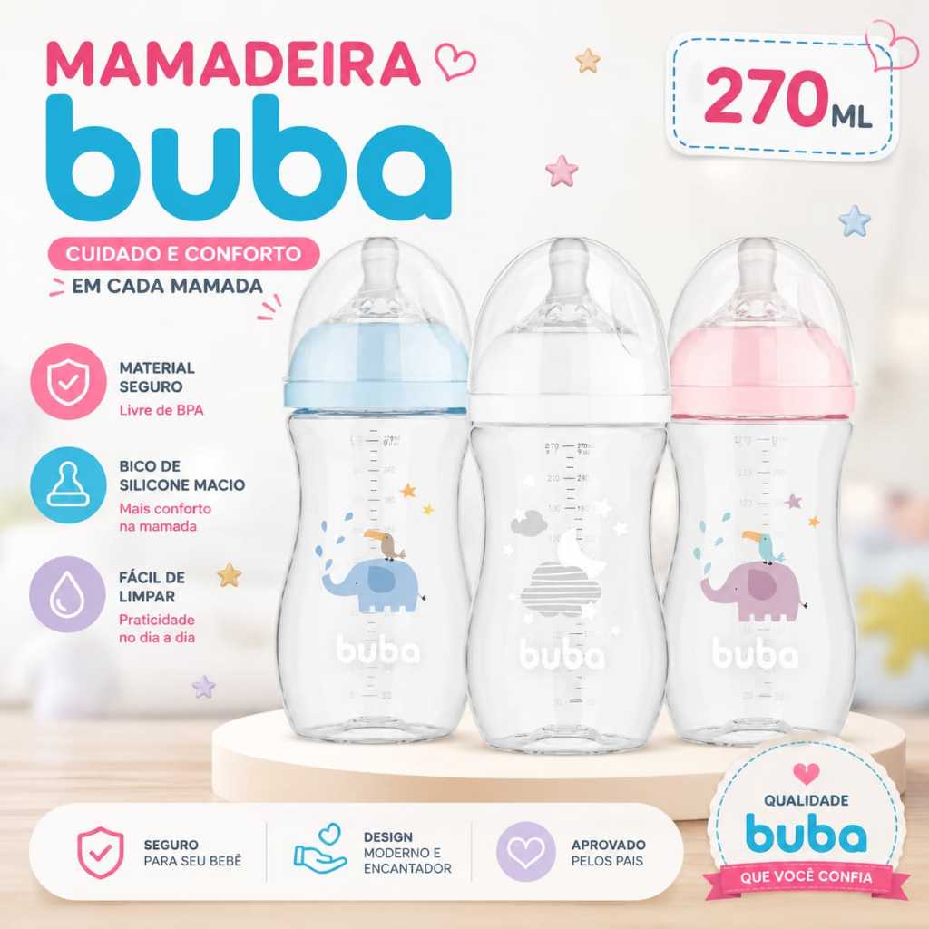 Mamadeira Para Bebe Buba 270 Ml Vedação Totalamente Segura Bico Silicone Anticólica Mamadeira Bebe