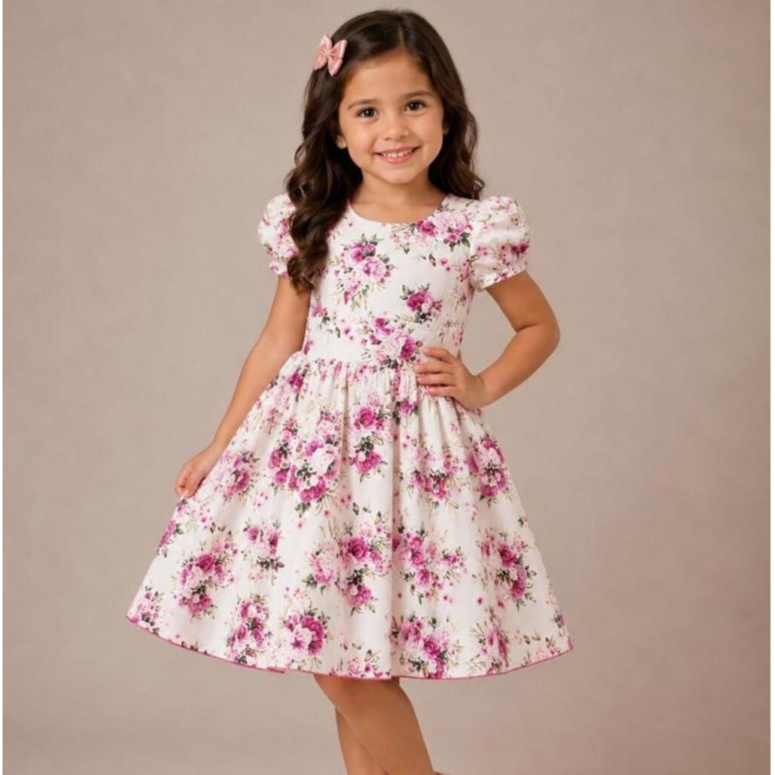Vestido Infantil Menina - Floral Creme - Casual, Batizado, Festas, Formatura, Aniversário e Casamento