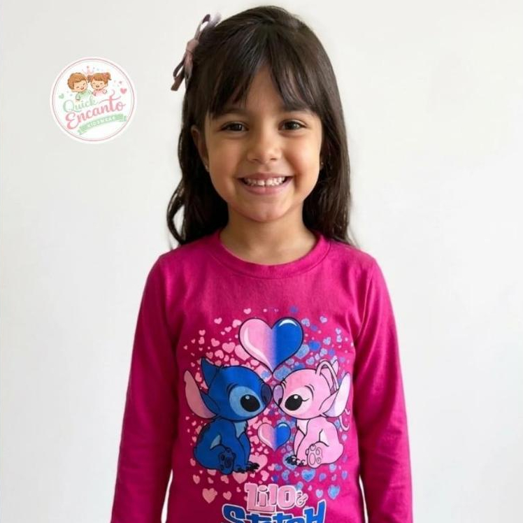 Camiseta Infantil Feminina Lilo & Stitch Manga Longa 100% Algodão Confortável Menina