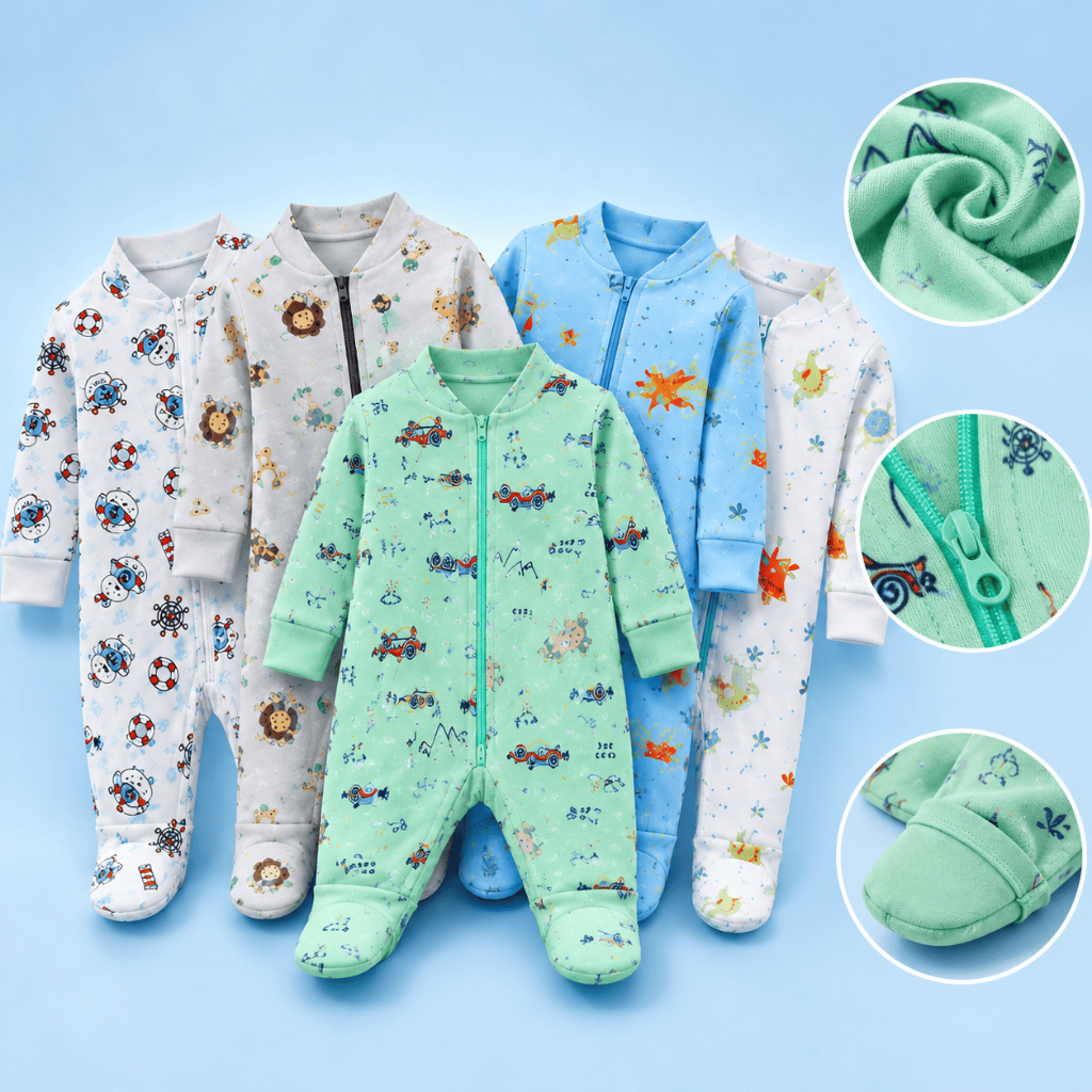 5 Macacões Bebê Estampado Mais Vendidos Vira Pé com Zíper Menino 100% Algodão