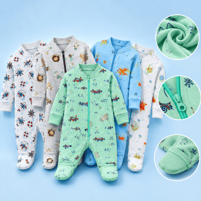 5 Macacões Bebê Estampado Vira Pé com Zíper Menino 100% Algodão