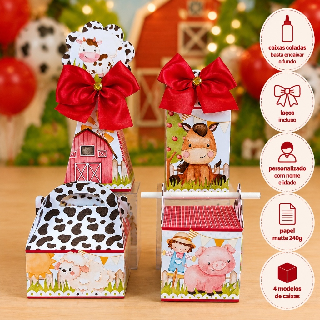 Kit Festa Fazendinha Menino Caixa Personalizada + Brinde Forminhas para Docinhos | Lembrancinhas Aniversário Infantil Te