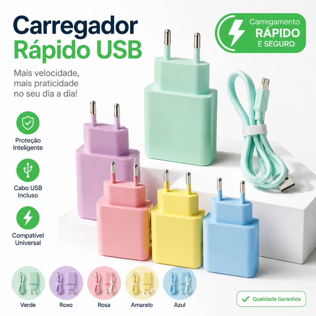 Carregador 4.8A 2 Portas Carregador Micro USB Carga Rápida Cores Pastel Seguro