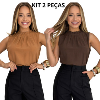 Kit 2 Blusas Femininas Regata Gola Alta Elegante Social Tecido Duna P M G GG