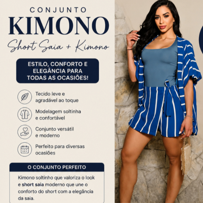 CONJUNTO KIMONO FEMININO LISTRADO CASUAL ELEGANTE VERÃO MODA FEMININA – SHORT SAIA + CAMISA