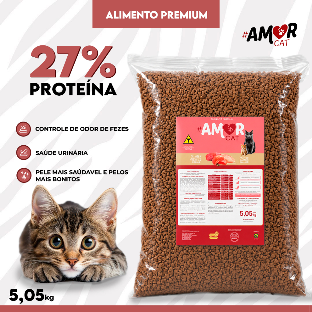 Ração Gato Filhote e Adulto 5kg Amor Cat Premium Sabor Salmão Carne Frango 27% Proteína
