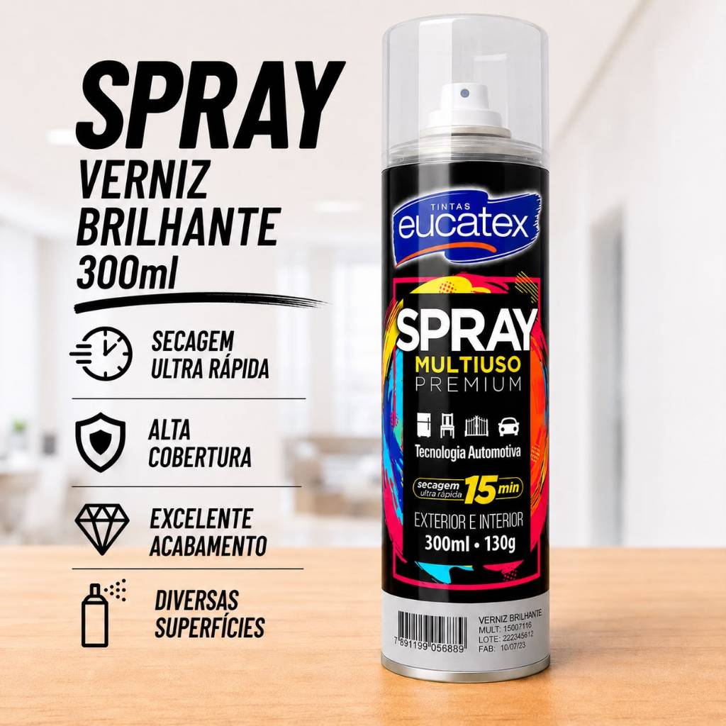 Spray Verniz Brilhante Automotivo Alta Temperatura 300ml Tinta Premium Eucatex Secagem Ultra Rápida