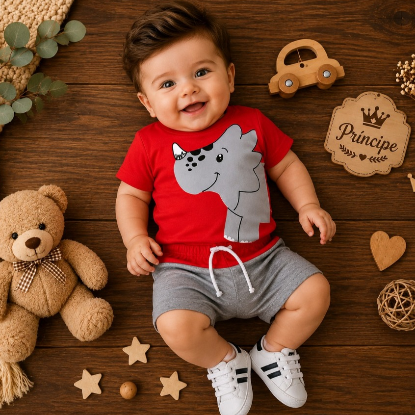 Conjunto de Bebê menino Dinossauro Camiseta + Bermuda Confortável