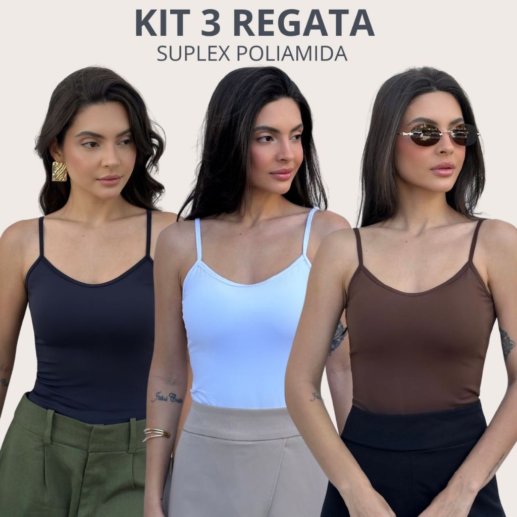 Kit 3 Blusa Regata Feminina  Alcinha Regulável Bojo Slim Fit Dia a Dia