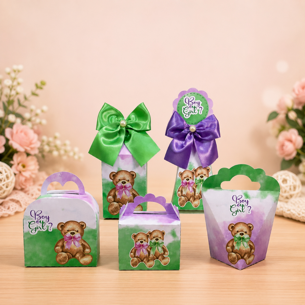 Kit Festa Chá Revelação Verde e Lilás Personalizados Lembrancinhas Caixinhas para Festa PEGUE E MONTE
