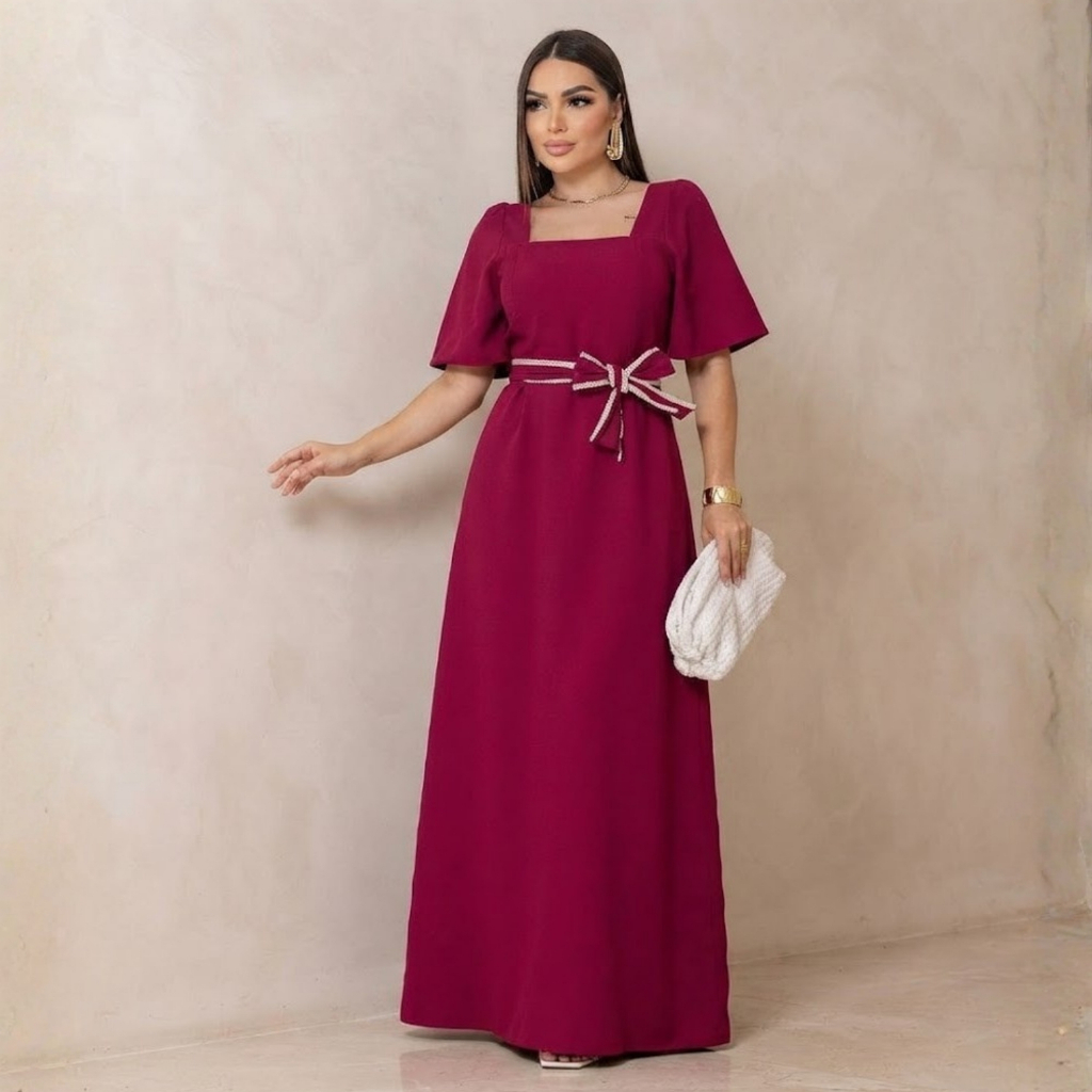 Vestido Longo Feminino Elegante Com Laço Casual Festa