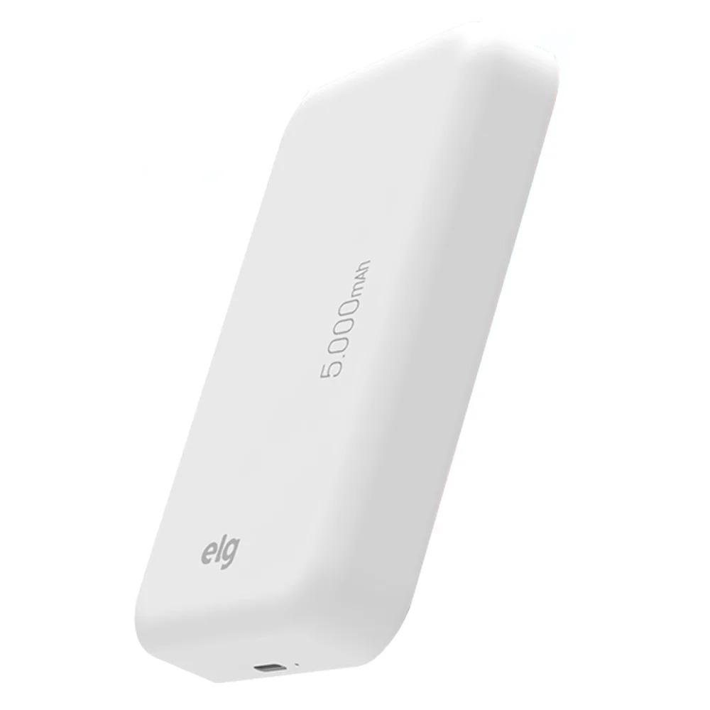 Power Bank ELG modelo PBW5 na cor branca com 5.000 mAh de capacidade, design retangular compacto, exibindo a marca ELG e indicação de 5.000 mAh na parte frontal, com porta USB visível na lateral