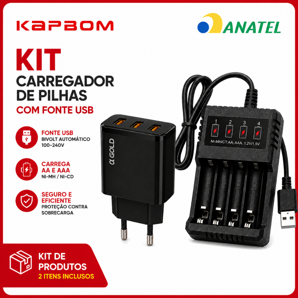 Carregador de Pilhas Recarregáveis AA/AAA 4 Slots Bivolt Kapbom + Fonte Carregador A'Gold 3 Entradas USB