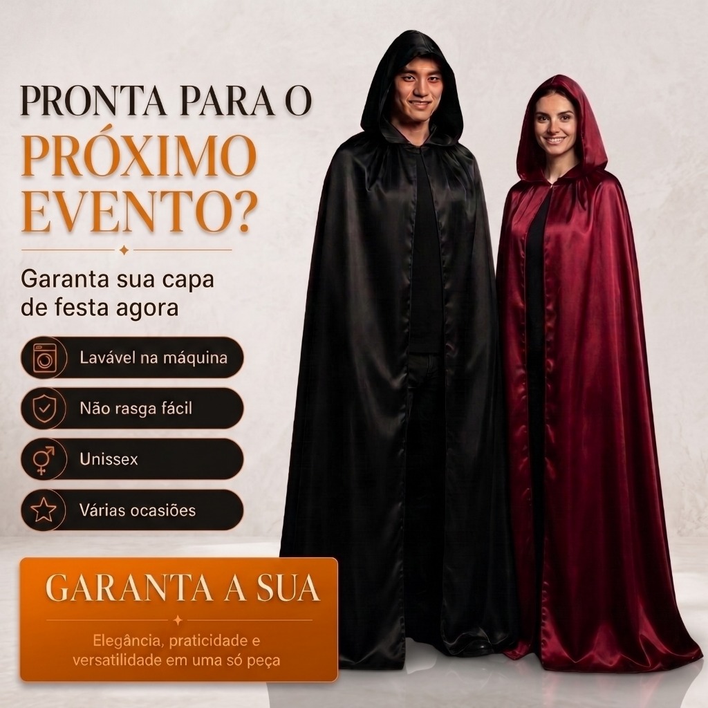 Capa Preta com Capuz Cetim Brilhante – Ideal para Cosplay, Teatro, Festa à Fantasia e Ensaio Halloween