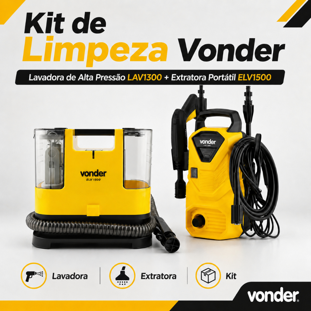 Kit de Limpeza com Lavadora de Alta Pressão LAV1300 e Extratora Portátil ELV1500 Vonder