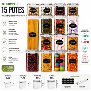 Kit 15 Potes Hermético Cadencia Mantimentos Quadrado Freezer Micro-ondas 22,4L Com Adesiv…